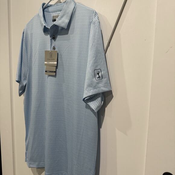 PGA TOUR Pro Series Mens Polo Shirt Clear Sky Grid Print Medium NWT Athletic Fit - Picture 2 of 8